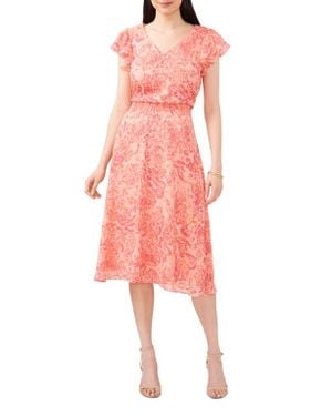 Chaus Floral Metallic Smocked Waist Midi Dress - Pink