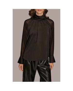 Donna Karan Pleated Sheer Sleeve Top - Black