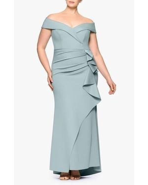 Xscape Evenings Off The Shoulder Ruffle Scuba Knit Gown - Blue