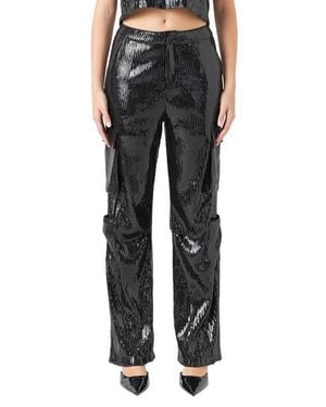 Endless Rose Sequin Wide Leg Cargo Pants - Black