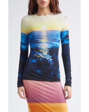 Rabanne Crystal Embellished Tropical Print Jersey Top - Blue