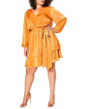 City Chic Long Sleeve Faux Wrap Dress - Orange