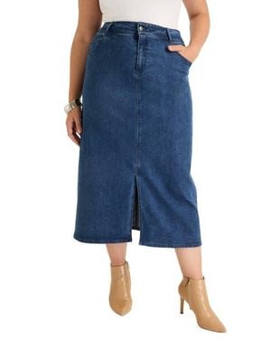 June + Vie Front Slit Denim Midi Skirt - Blue