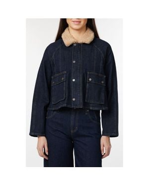 Habitual Faux Shearling Collar Crop Barn Jacket - Blue