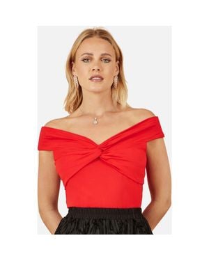 Yumi' Short Sleeve Knot Detail Bardot Top - Red
