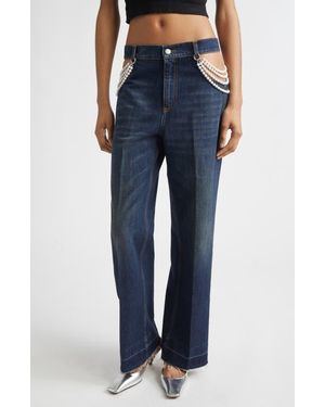 Stella McCartney Faux Pearl Embellished Cutout Release Hem Straight Leg Jeans - Blue