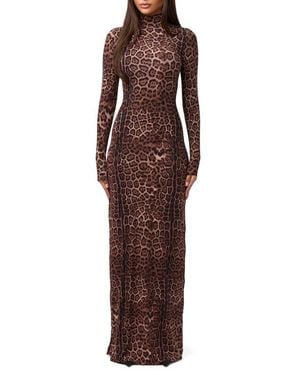 Naked Wardrobe Leopard Print Long Sleeve Body-Con Maxi Dress - Brown