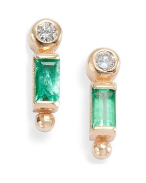 Anzie Cléo Emerald Baguette & Diamond Stud Earrings - Green