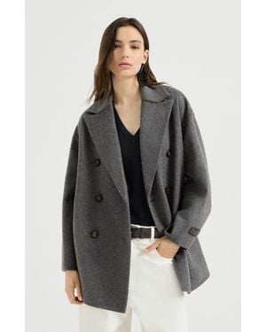 Brunello Cucinelli Cashmere Double Beaver Cloth Pea Coat With Precious Patch - Black