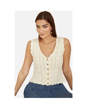 Yumi' V Neck Button Down Crochet Knitted Top - Natural