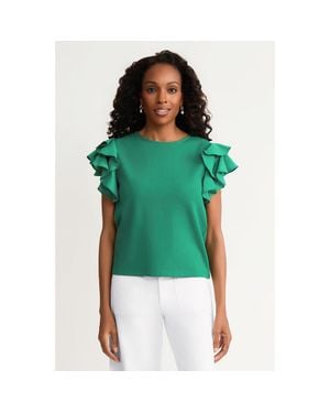 Ming Wang Family Savvy Flutter Sleeve Mixed-Media Top - Green