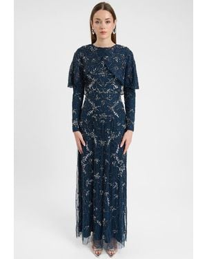 MARYISA Modest Embellished Sequin Beaded Dress Maxi With Attacehd Cape - Blue
