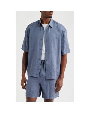Open Edit Stripe Short Sleeve Seersucker Button-Up Shirt - Blue