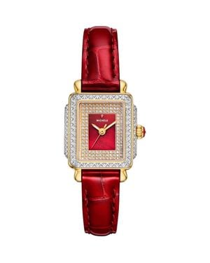 Michele Mini Deco Madison Special Edition Two-Tone 18K Plate Diamond Pavé Leather Strap Watch, 23Mm X 24Mm - Red