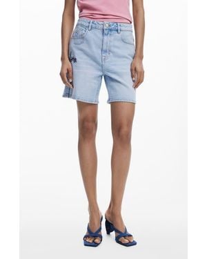 Desigual Floral Embroidered Denim Shorts - Blue