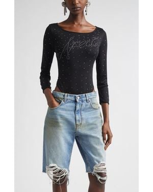 Area Ballerina Crystal Embellished Logo Pointelle Bodysuit - Blue