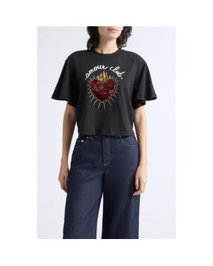 Cinq À Sept Orsa Flutter Sleeve Sequined Heart Graphic T-Shirt - Black