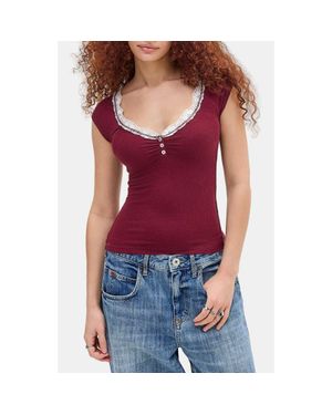 BDG Diana Lace Trim Rib Knit Top - Red