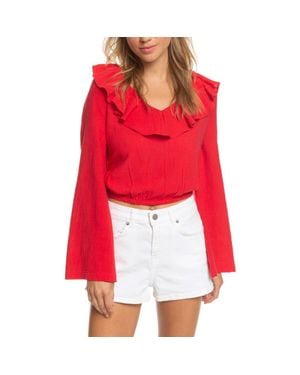 Roxy Paradise Is You Ruffle Trim Bell Sleeve Crop Top - Red