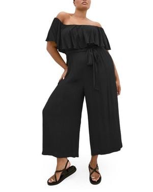 City Chic Emery Off The Shoulder Wide Leg Jumpsuit - Black