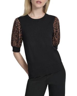 DKNY Mixed Media Puff Sleeve Sweater - Black