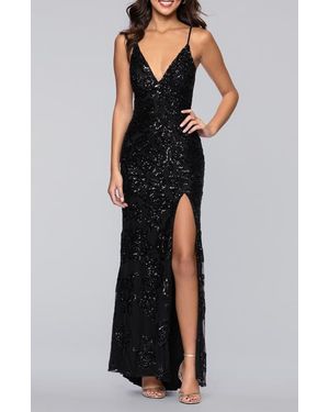 Blondie Nites Rose Sequin Lace-Up Mermaid Gown - Black