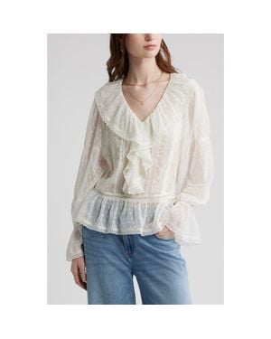 Treasure & Bond Embroidered Ruffle Peplum Clip Dot Chiffon Top - White