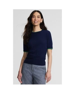 Lands' End Double Trim Cotton Crew Neck Tee Sweater - Blue