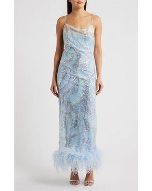 DELFI Collective Shani Sequin Ostrich Feather Hem Gown - Blue