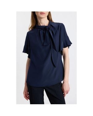 Santorelli Athena Silk Blouse With Short Flutter Sleeves - Blue