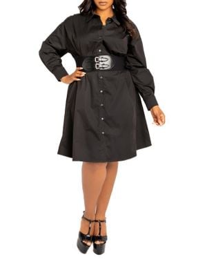Buxom Couture Cinch Waist Long Sleeve Belt Cotton Blend Shirtdress - Black