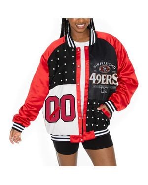 Gameday Couture San Francisco 49Ers Oversized Hot Shot Rhinestone Throwback Full-Snap Varsity Bomber Jacket - Red