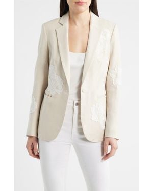 Anne Klein Floral Appliqué Linen Blend Blazer - White