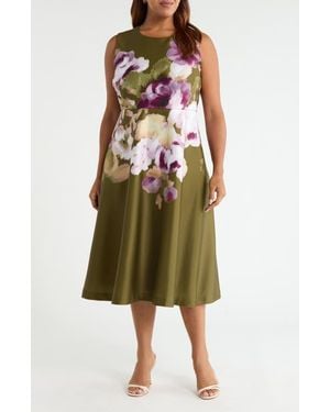Anne Klein Placed Floral Sleeveless Satin Midi Dress - Green