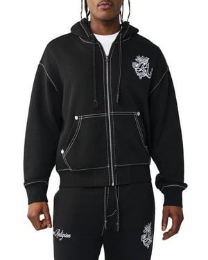 TRUE RELIGION Crest Big T Boxy Zip-Up Hoodie - Black