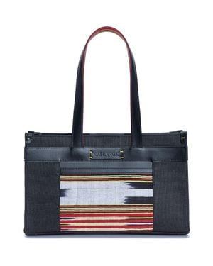 Kai & Vrosi Midi Leather & Canvas Tote Bag With Pockets - Blue