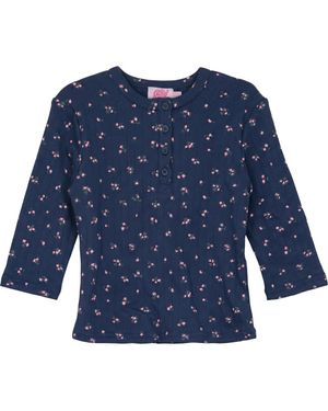PINKY PROMISE Floral Pointelle Henley Button Placket 3/4 Sleeve Top - Blue