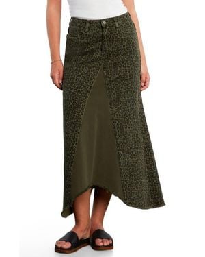 Wash Lab Denim Leopard Print Pieced Denim Midi Skirt - Green