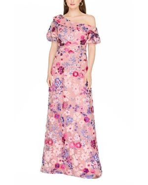 JS Collections Marigold Embroidered One-Shoulder Puff Sleeve Gown - Pink
