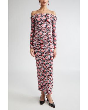 Carolina Herrera Peony Print Ruched Long Sleeve Off The Shoulder Jersey Dress - Red