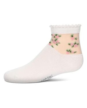 Memoi Peek-A-Boo Sheer Floral Crew Socks - Natural
