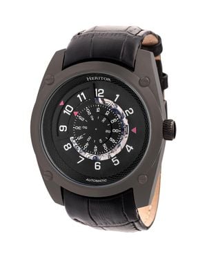 Heritor Daniels Semi-Skeleton Leather-Band Watch - Black