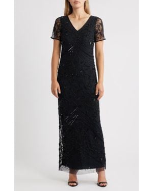 Pisarro Nights Beaded Mesh Gown - Black