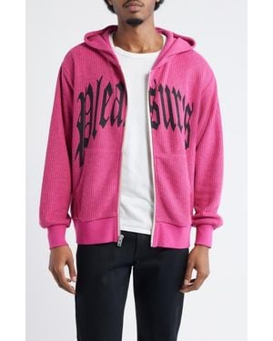 Pleasures Twitch Graphic Waffle Knit Zip Hoodie - Pink