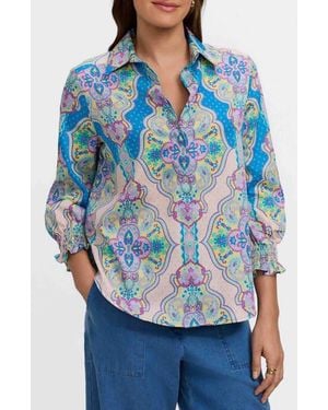 Foxcroft Olivia Paisley Smocked Cuff Linen Blend Button-Up Shirt - Blue