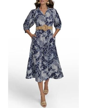 Donna Karan Print Belted Long Sleeve Linen Blend Maxi Shirtdress - Blue