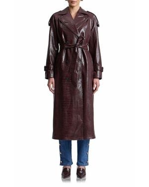 Avec Les Filles Croc Embossed Faux Leather Maxi Trench Coat - Red