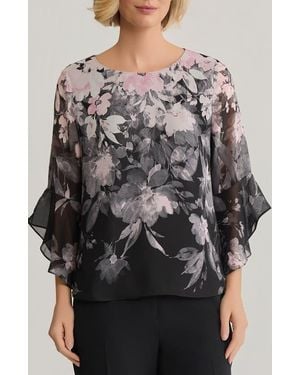 Kasper Floral Print Ruffle Sleeve Top - Gray