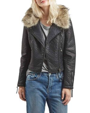 TOPSHOP Faux Leather Moto Jacket With Removable Faux Fur Collar - Black