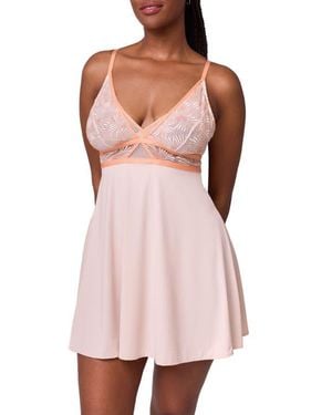 Montelle Intimates Tangerine Dream Embroidered Sheer Mesh & Microfiber Chemise & G-String Set - Pink